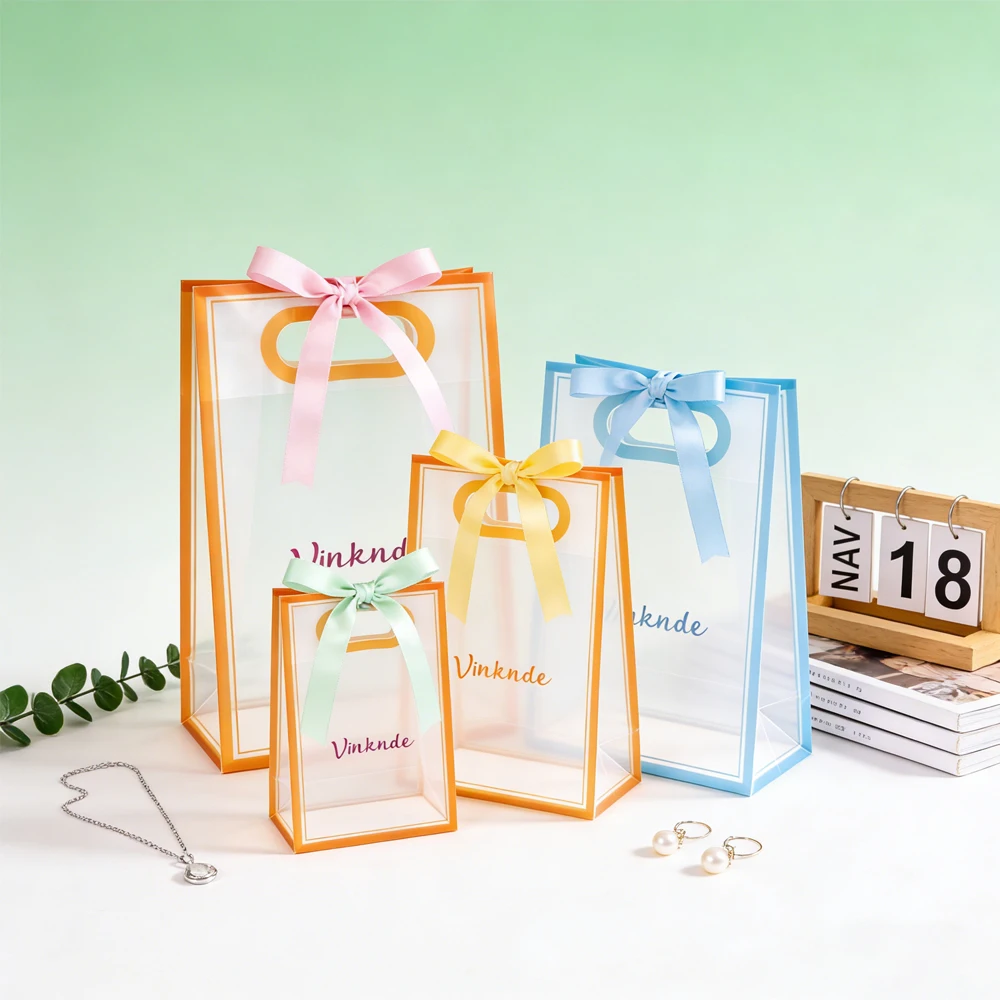 

Personailzed Logo 50Pcs/Lot Transparent PP Pvc Clear Tote Bag Large Capacity Plastic Cosmetics Shopping Wedding Candy GIft Bag
