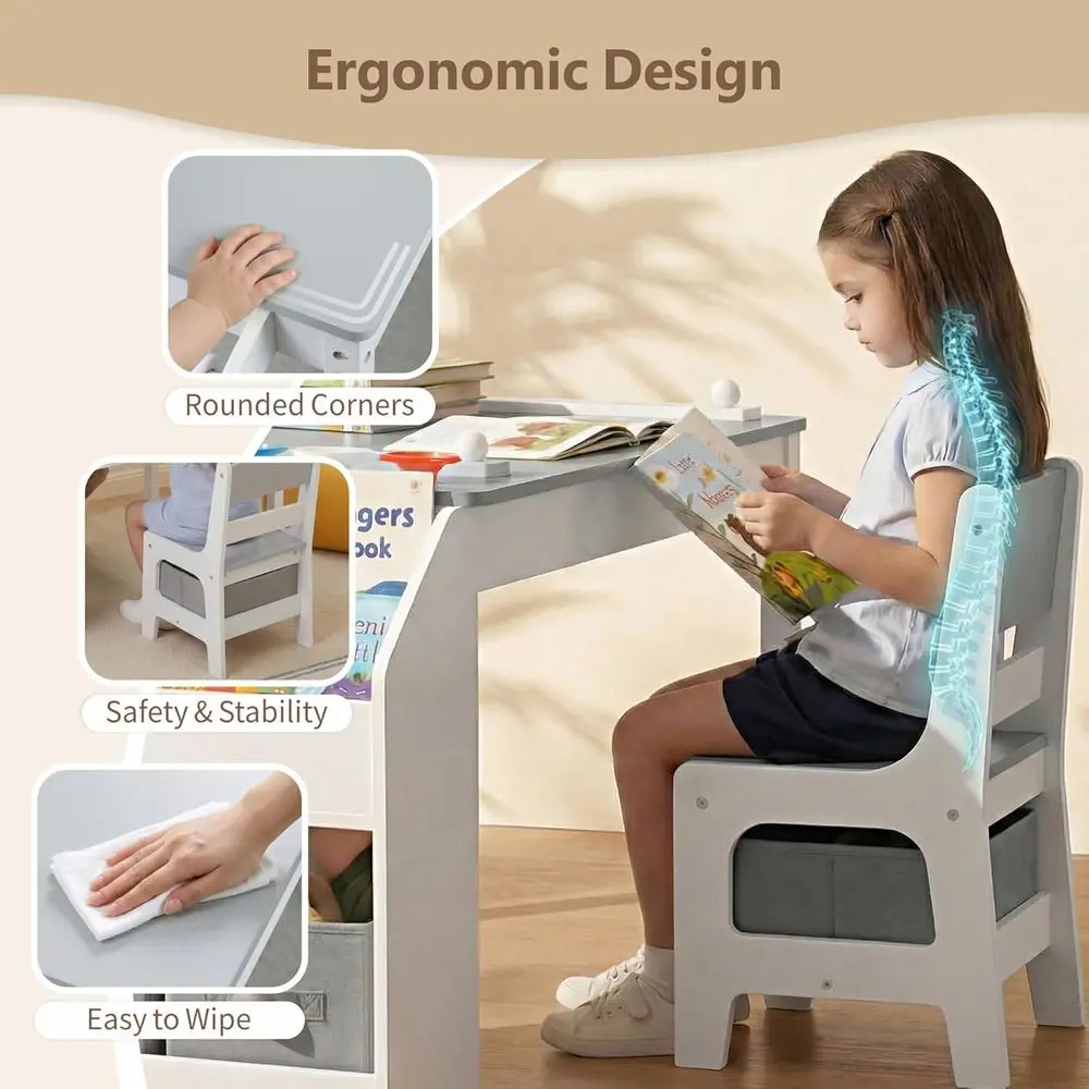 Kids Art Table & 2 Chairs Set, Paper Roll & Bookshel, Grey | Wood Toddler Activity Table w/Storage, Ding, Studying, Playing, Kid view 5
