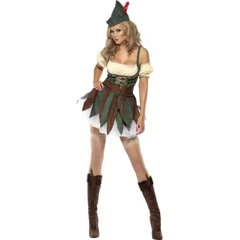 Carnival Halloween Women Green Tinker Fairy Costume Forest Elves Warrior with Hat Sets Lady Masquerade Cosplay Fancy Party Dress