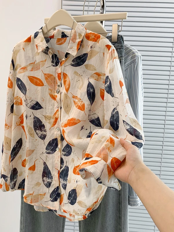 

Loose Long Sve irt Women's Casual Wear Summer Anti-Uv Printed Artistic Sle Top for Younger Looking Outerwear