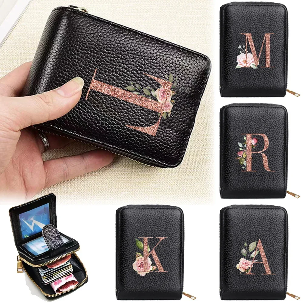 

Women Wallet Vintage Zippered Card Holder Multi-Card Slots Leather Coin Purse Rose Gold Pattern Coin Clip Bag Money Clip