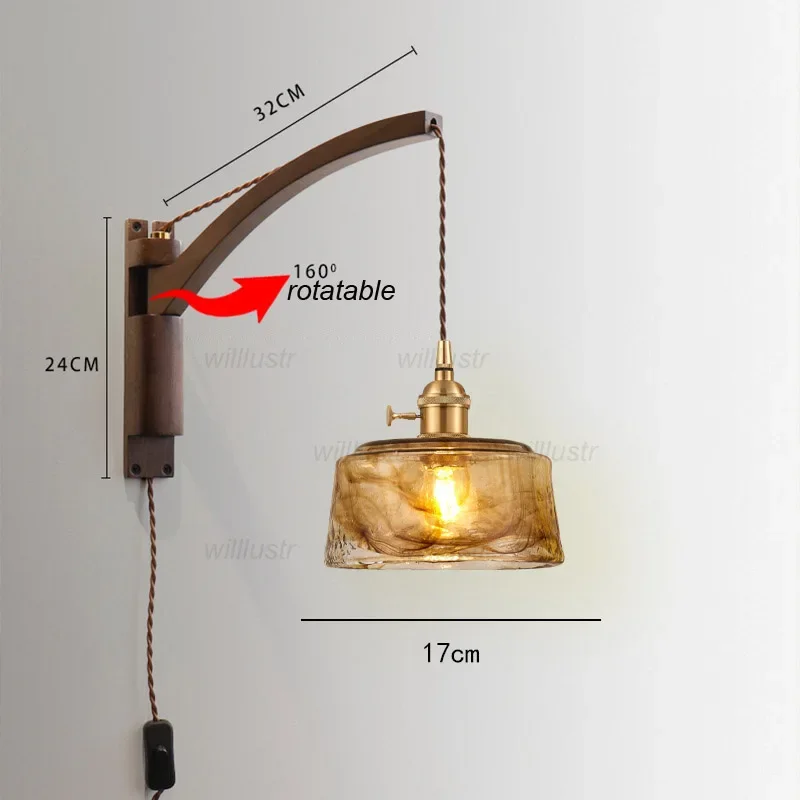 Vintage Walnut Wood Sconce Retro Amber Glass Wall Lamp Rotating Folding Rocker Light for Hotel Cafe Bar Living Dining Bedroom