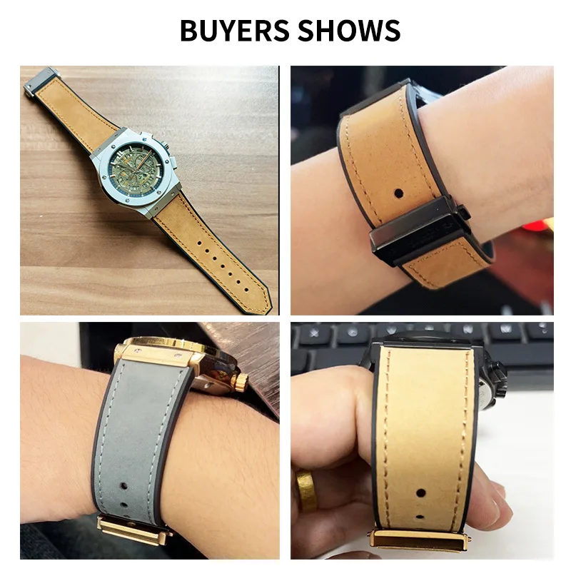 Suede Genuine  Gold Folding Buckle Accessories for Hublot Yubo Tattoo Big Bang Series26*19mm Rubber Underskin Watch Band