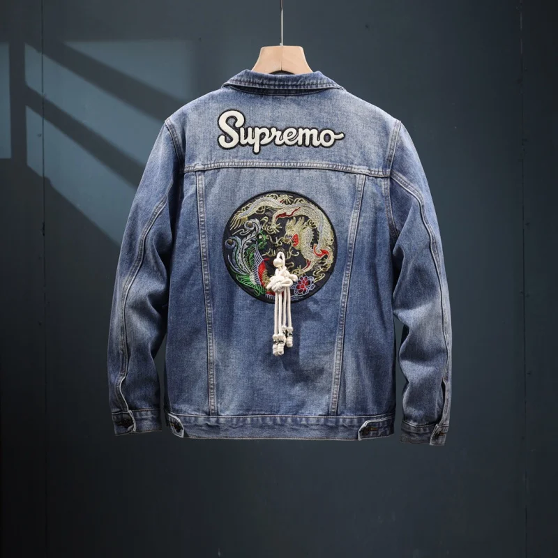 

2024 New Chinoiserie Denim Coat Men's Street Fashion Trends Embroidery Decoration High-End Washed Long-Sleeved Jacket