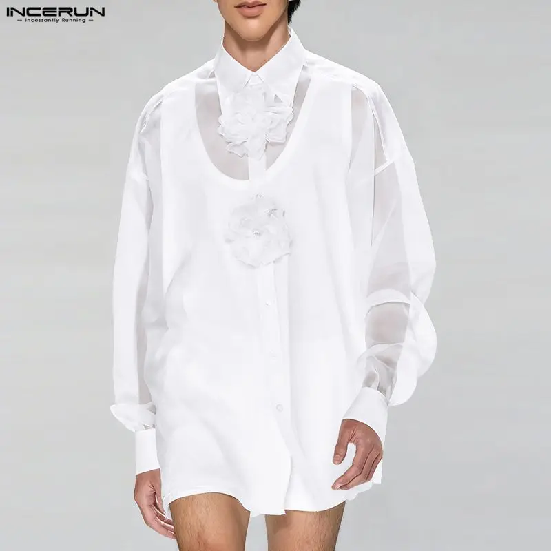 INCERUN Мужская рубашка Сетчатая прозрачная цветочная лацкана с длинным рукавом Мужская одежда Уличная одежда Свободные сексуальные модные длинные стильные рубашки Camisas