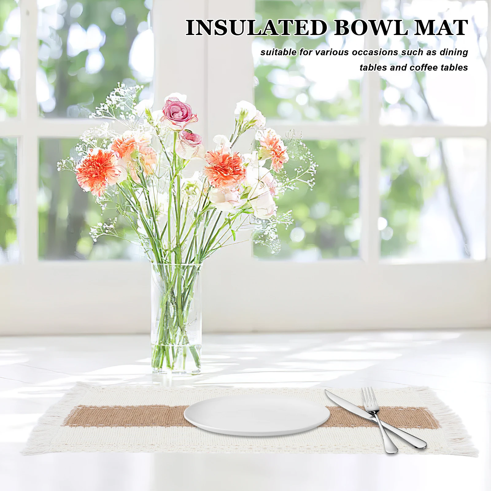 

8Pcs Tassel Placemats Cotton Linen Fabric Rectangular Dining Table Mats Non Slip Heat Proof for Home Hotel Decoration