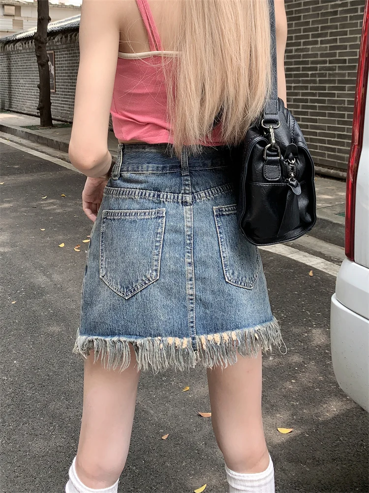 スパイシーガールレトロデニムスカート レディース 秋新作 大きいサイズ デザインセンセーション 小さなクロスフリンジ Aライン ボディコンスカート