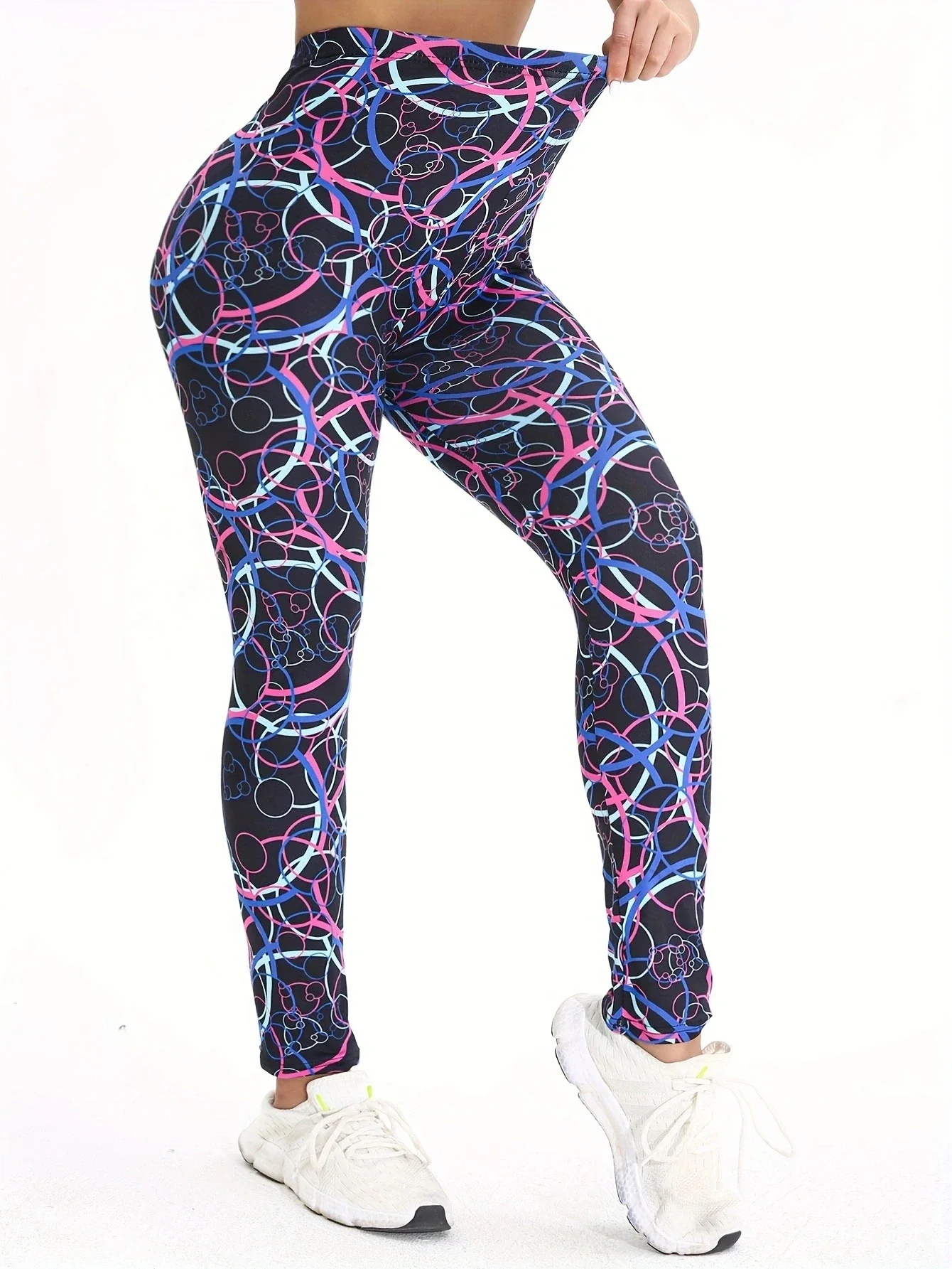 Kolorowy wzór koła Casual Obcisłe obcisłe spodnie damskie Zdrowa wysokość Odpowiednie rozciąganie Sportowe legginsy do ćwiczeń
