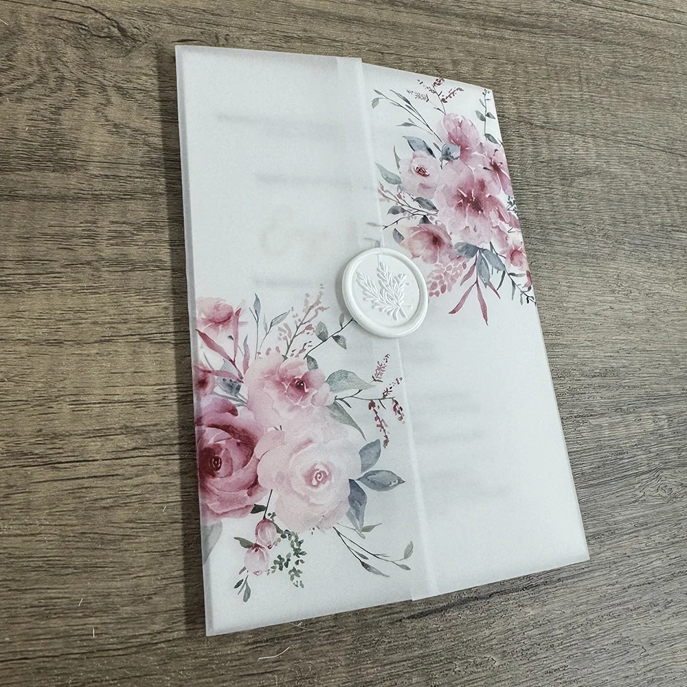 PINK flower Vellum  Wrap suitable for a 5 x 7 Wedding Invitation