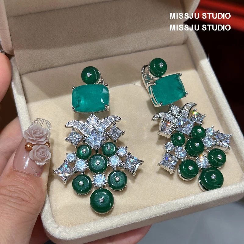 Drop Earrings For Women S925 Silver Needles Vintage Green Jade Bead Fine Jewelry Ear Stud Party Accessories Bijoux Femme