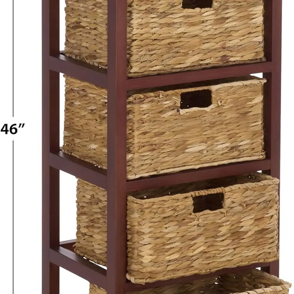 5-Drawer Wicker Storage Tower with Cherry Finish, Fully Assembled