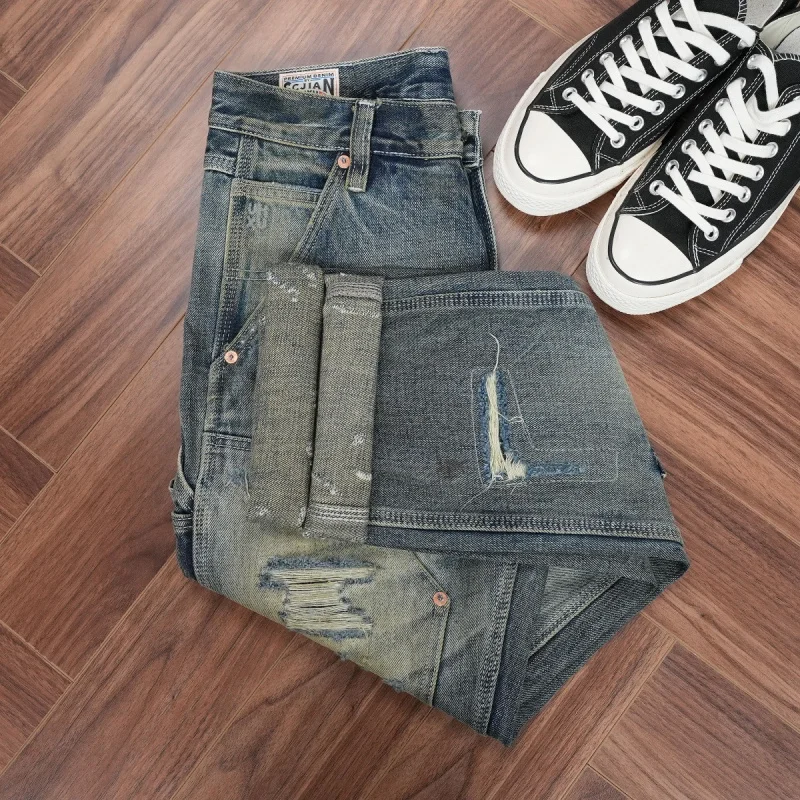 

Men's high-end trendy ripped jeans, heavy wash vintage blue slim straight pants, comfortable men's clothing