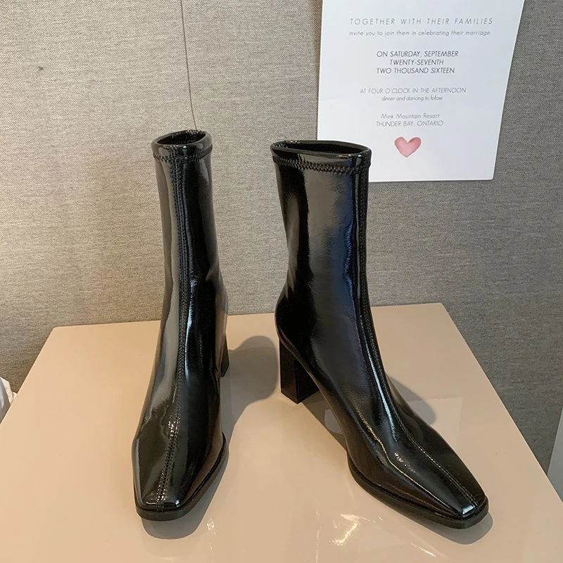 

Женские удобные теплые ботильоны в стиле ретро, осень/зима 2021, модные пикантные туфли из лакированной кожи с острым носком на толстом каблуке