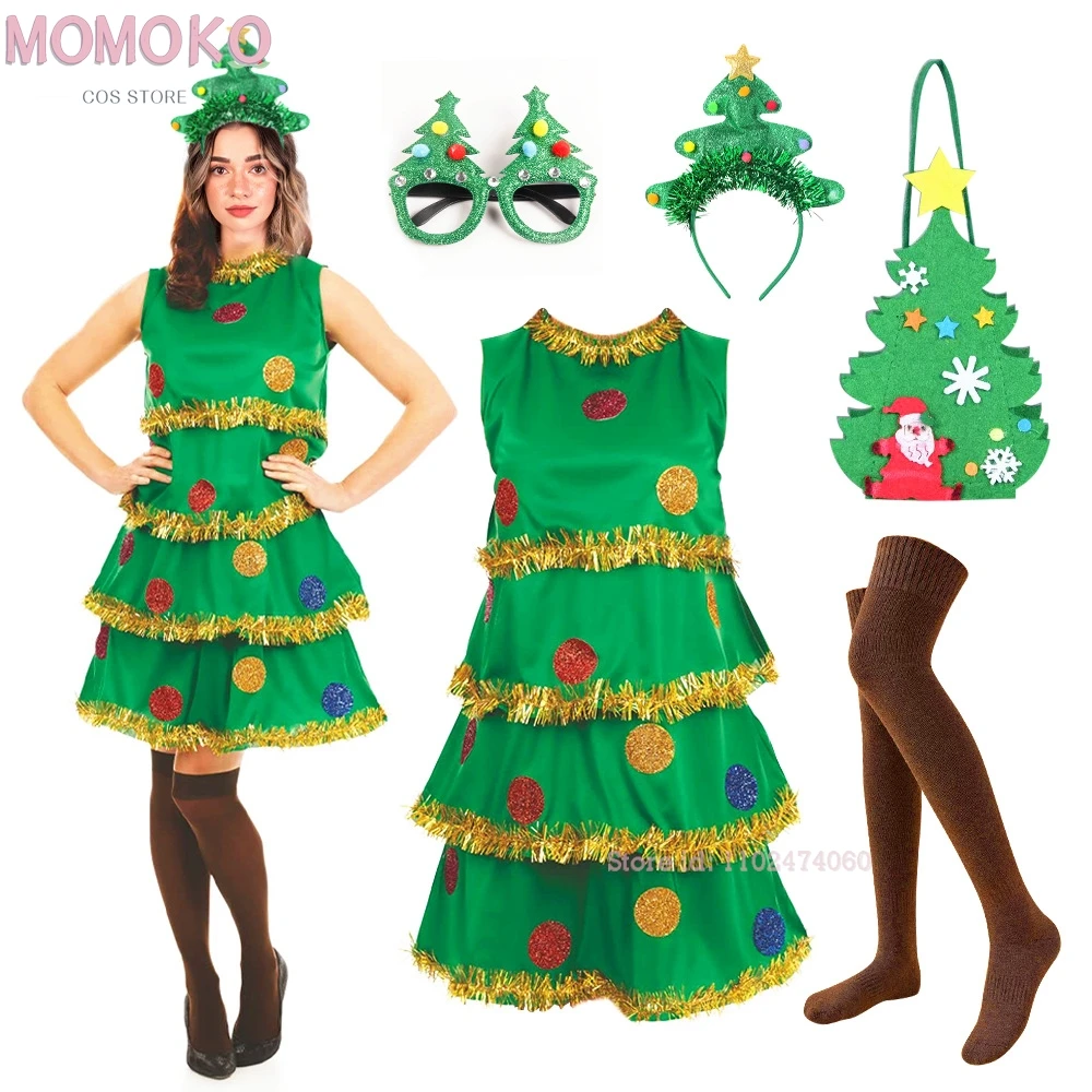 Women Christmas Tree Cosplay Costume Green Pleated Sleeveless Tiered Dress Socks Fancy Outfit Christmas 2025 New Year Party Set