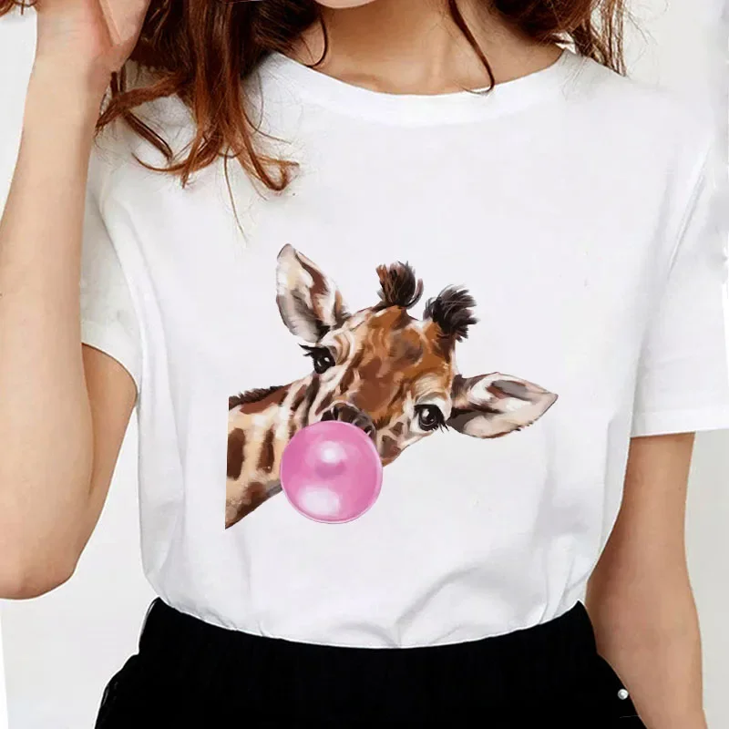 2024 Women Simple T Shirt Hot Summer Animal Bubble Gum  Print Streetwear Clothes Graphic Tee Tshirt Femme Retro T-Shirt