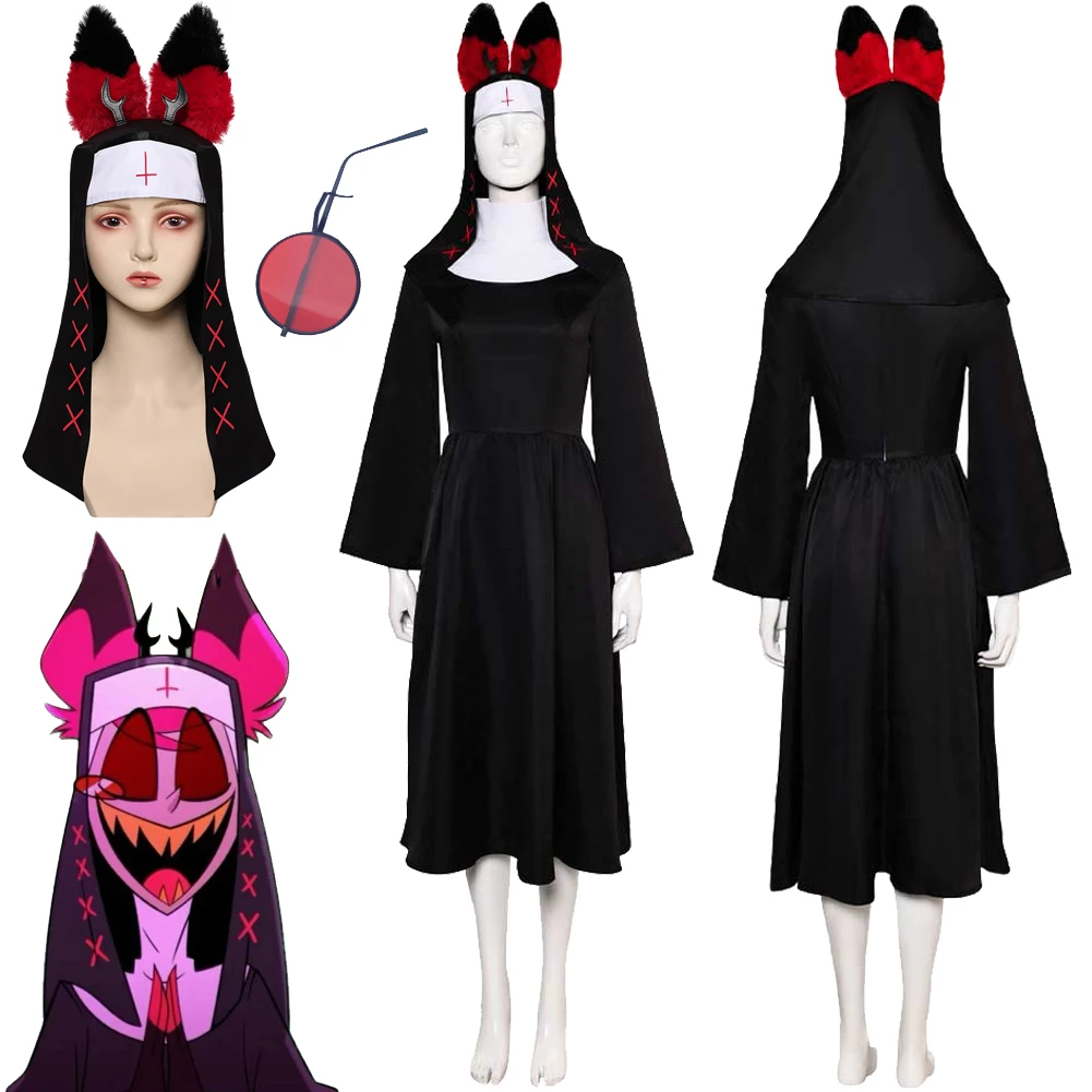 Disfraz de monja Alastor, Hazzbin Fantasia, sombrero de Cosplay de Hotel, vestido para mujer adulta, traje de Carnaval de Halloween