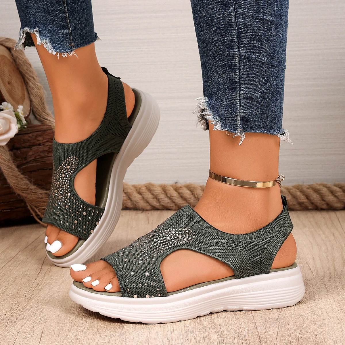 2026 Summer Women Wedge Sandals Comfortable Casual Open-Toe Sports Sandals Stretch Fabric Shoes Women Beach Mesh Roman Sandals