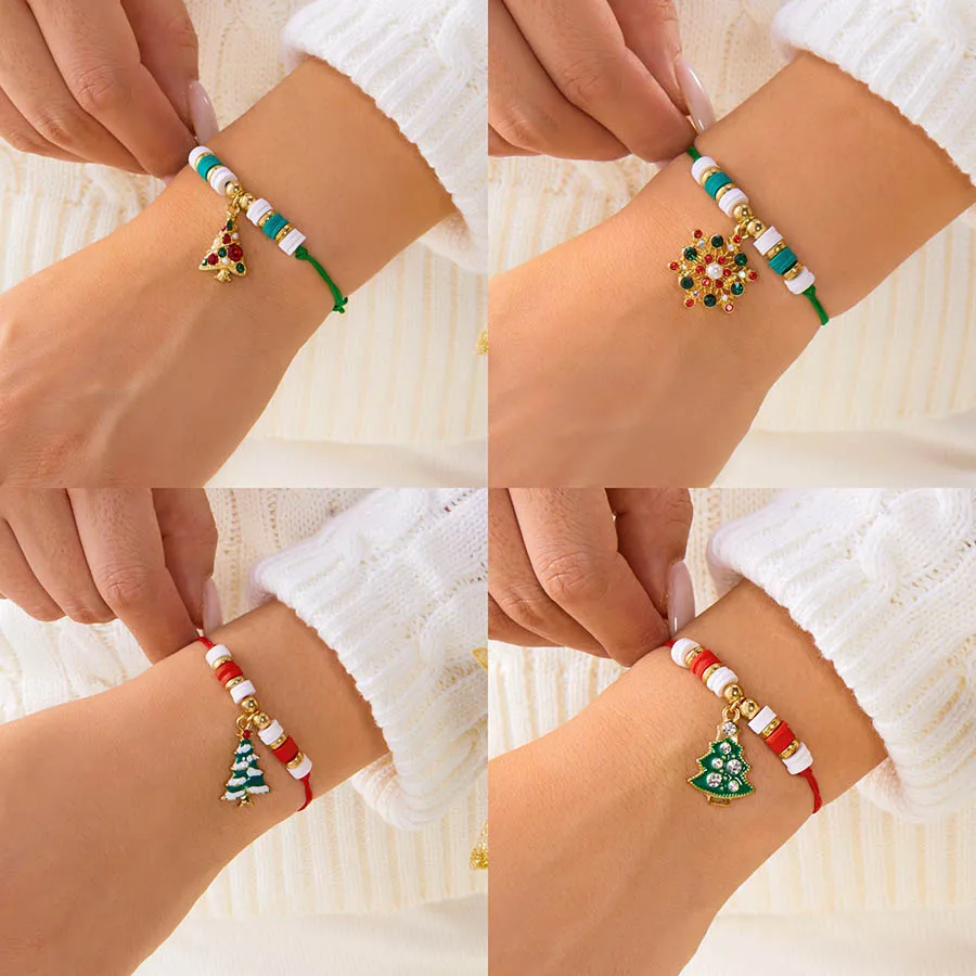 Exquisite Christmas Weaven Bracelet Woman Snowflake Deer Tree Adjustable Knot Polymer Clay Braslet Festival Girls Gift Jewelry