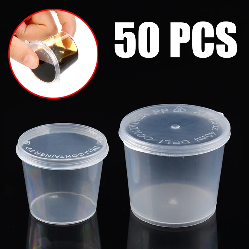 50pcs Clear Plastic Sauce Cups Disposable Plastic Sauce Boxes Cups With Sealing Cap Kitchen Vinegar Soy Sauce Container Gadget