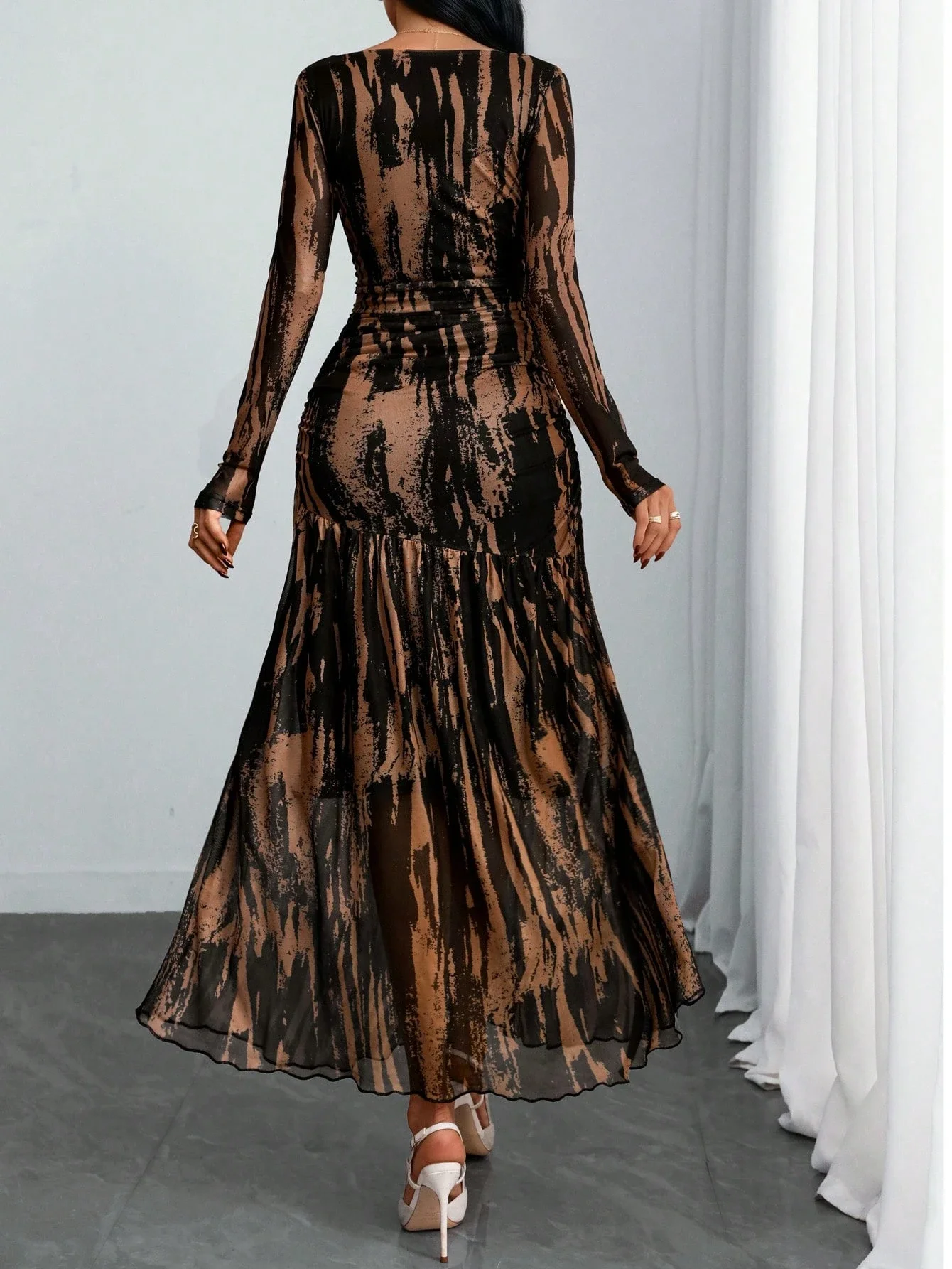 Elegant Gothic Long Sleeve Maxi Dress With Asymmetrical Ruffle Waist, Sheer Mesh Overlay, Striped Print For Date Night And