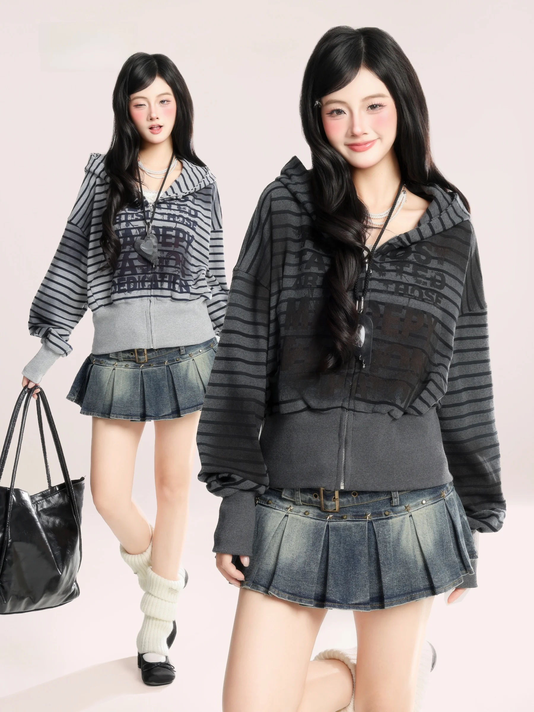 

Американский ретро-кардиган с полосками и надписями, женский, весенний, приталенный, на молнии, модный, для повседневной носки, с длинными рукавами