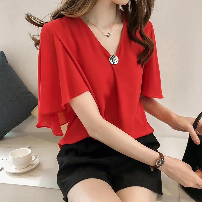 Summer 2026 plus Size Women's Chiffon Top Loose Sleeve T-Shirt Slimming Short Sleeve Base Shirt 200 Pounds Korean Style V-neck