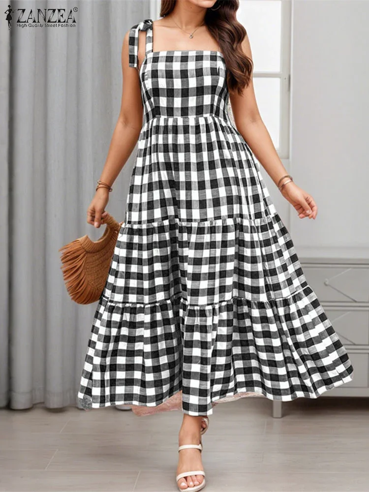 

Плюс размер 5XL ZANZEA, богемное клетчатое платье, женское лето 2021, длинное платье макси, винтажный повседневный пляжный сарафан, вечерние халаты большого размера