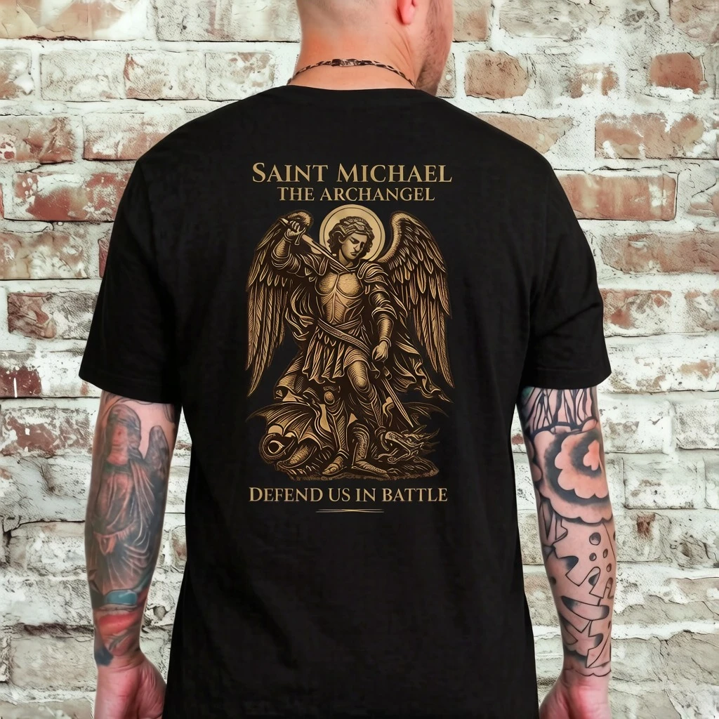 Camiseta con estampado de San Miguel Arcángel Ueno para hombre, ropa deportiva de verano con espíritu de guerrero católico romano para hombre