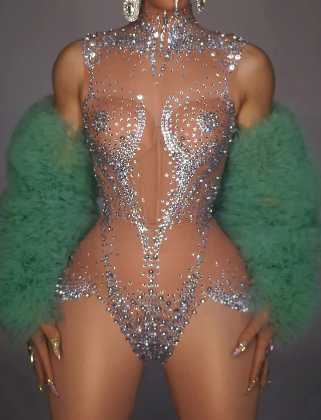 Sexy See Through Crystal Rompers Mesh Pole Dance Leotard Adult Festival Outfit Women Club Party Rhinestone One Piece Bodysuits