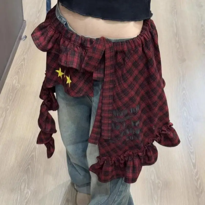 

72XE Women Overlay A Line Wrap Skirt Aesthetic Checkered Star Ruffled Hip Scarf Tie Up Irregular Underskirt Shirt Extender