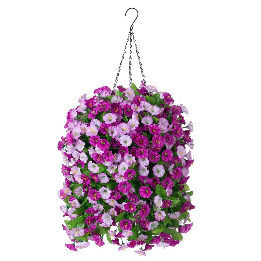 Flores Artificiales con Cesta Colgante, Plantas Artificiales de Exterior, Enredaderas de Gloría de la Mañana de Seda, Arreglo Verde Artificial para Jardín y Patio
