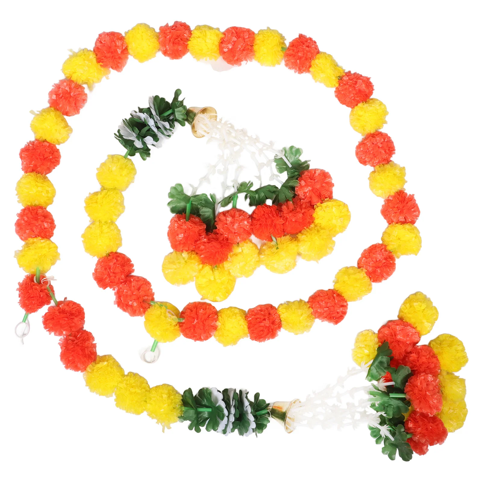 

Marigold Garland For Decoration Orange Yellow Artificial Flowers Handcrafted Bells Leaves Festive Hanging Decor Day Of The