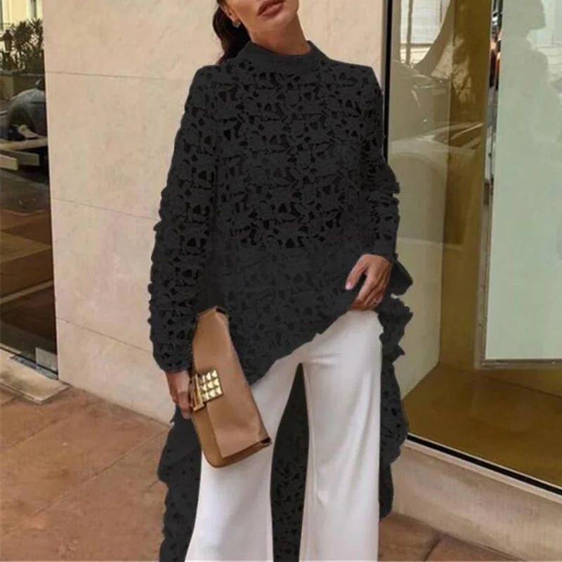 Elegant Embroidery Hollow Out Irregular Blouses Causal Long Sleeves Solid Color Pullover Tops Women Fashion O-neck Loose Shirts