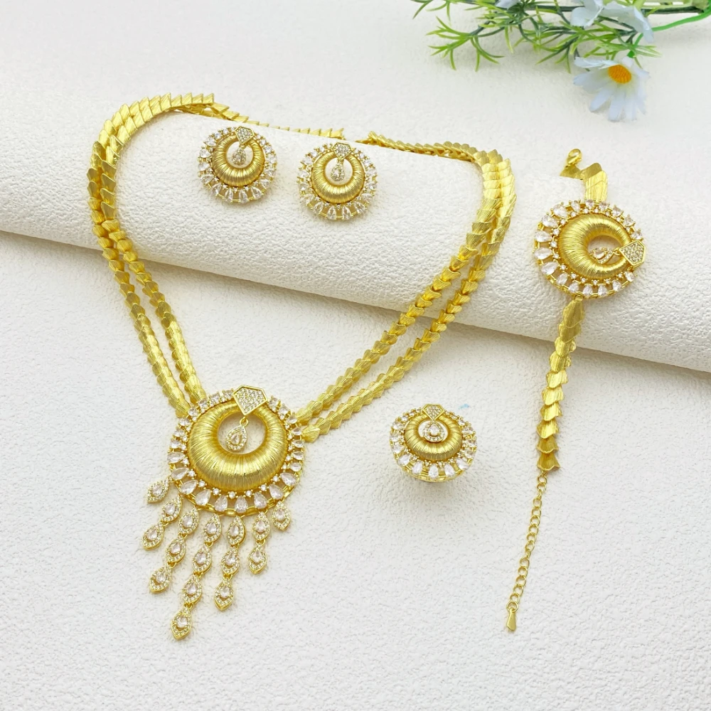 

Flora Premium Gold Plated Copper Zircon Jewelry Set for Women Luxury Saudi Arabia Style Bracelet Ring Necklace Earrings