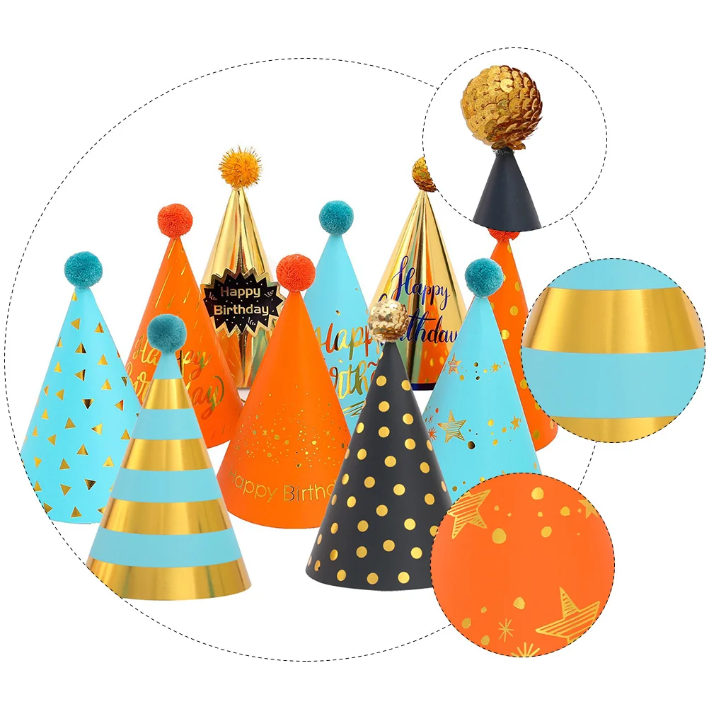 

10pcs Birthday Hat Bronzing Glitter Design For Birthday Party Supplies Celebration Decor With Golden Elastic Rope Opp Packaging