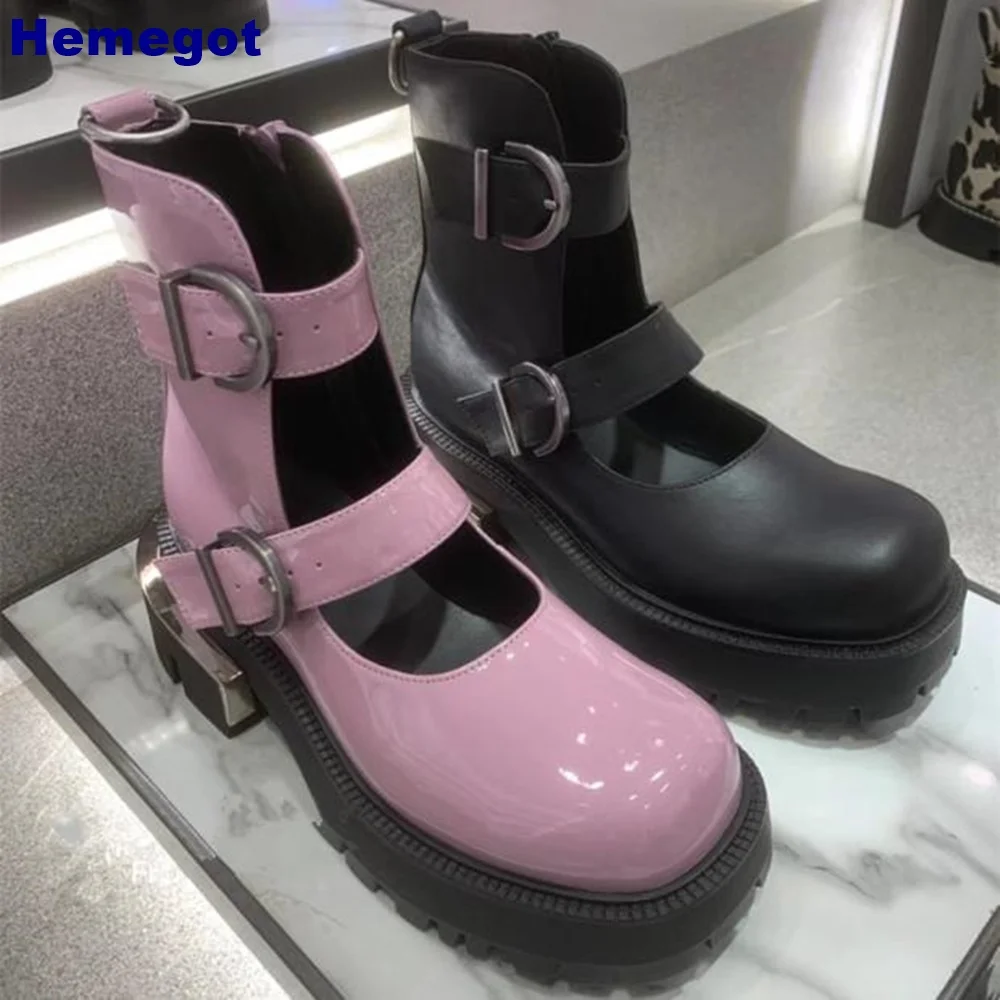 

Platform Hollow Belt Buckle Mary Janes British Style Thick Heel Spring New Round-Toe Casual Zip Boots Fashion Solid Color Pumps