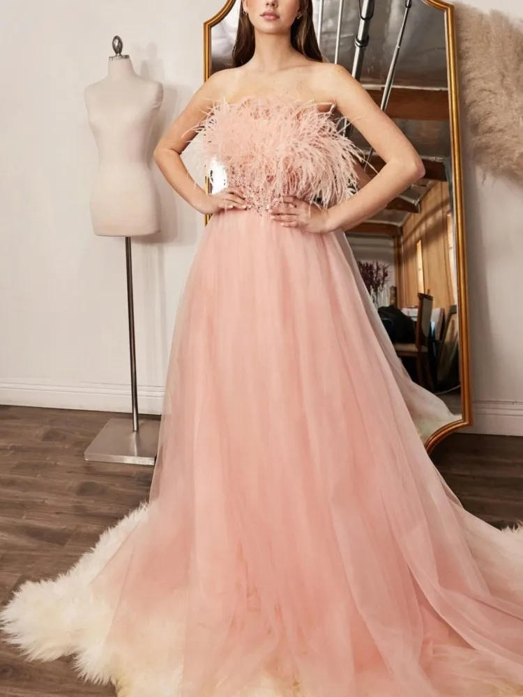 Elegant Women's Dresses For Party Strapless Sweetheart Feather Sequins Luxury Ball Gown Long Tulle Evening prom ceremony Dress