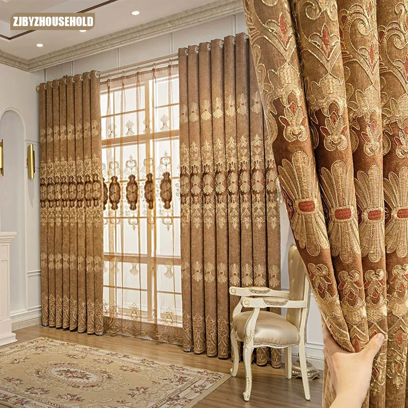 

European High-end Curtains Embroidered Chenille Curtains for Living Dining Room Bedroom Luxury Embroidery Curtains Finished