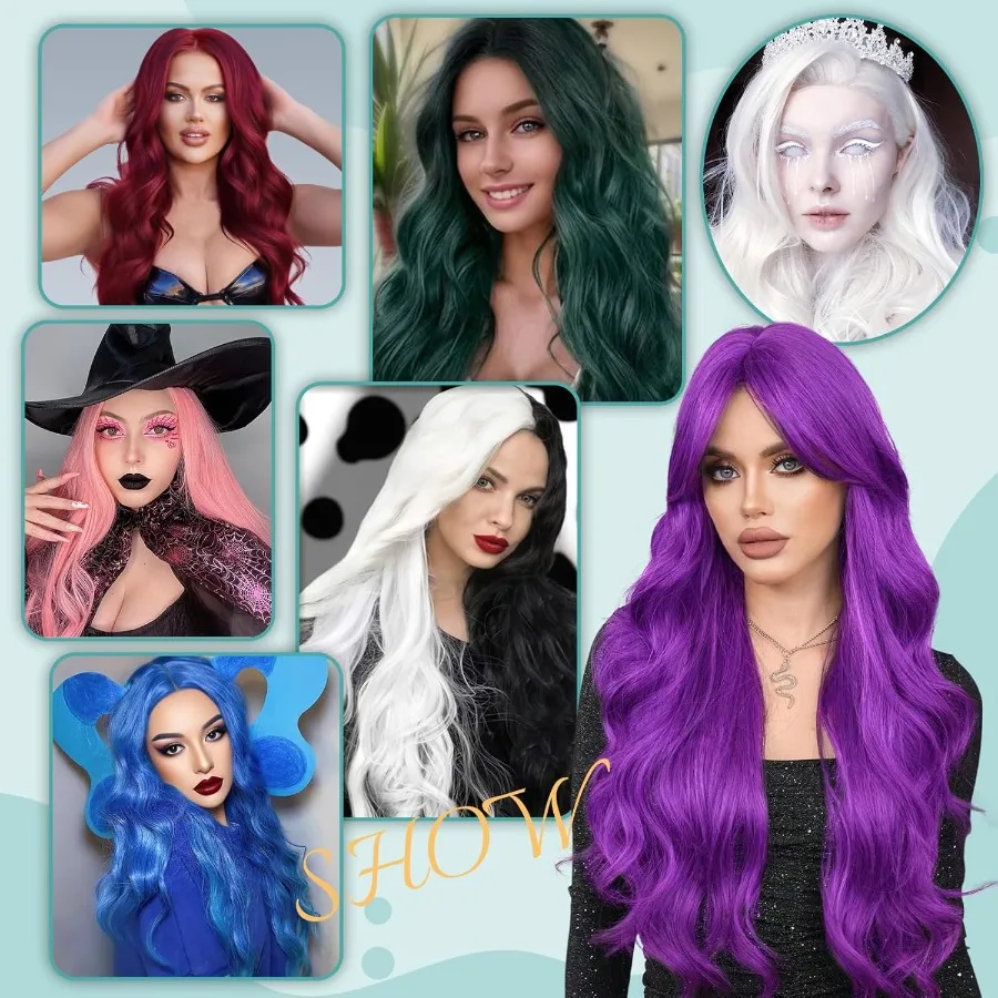 Peruki na Halloween, długie, fioletowe, 66 cm, kręcone peruki dla kobiet, falowane, z przedziałkiem na środku, naturalnie wyglądające, syntetyczne peruki typu lace front do codziennego użytku i cosplayu.