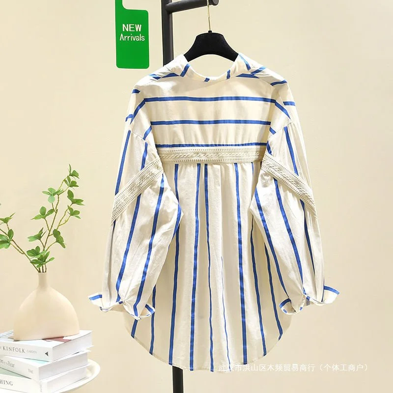 

Корейская полосатая свободная рубашка с длинными рукавами и принтом, женская новая модная весенняя повседневная универсальная рубашка средней длины, блузка, женский топ