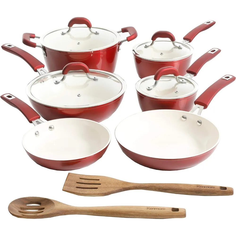 

Kenmore Arlington Healthy Nonstick Ceramic Coated Forged Aluminum Induction Cookware, 12-Piece, Metallic Red