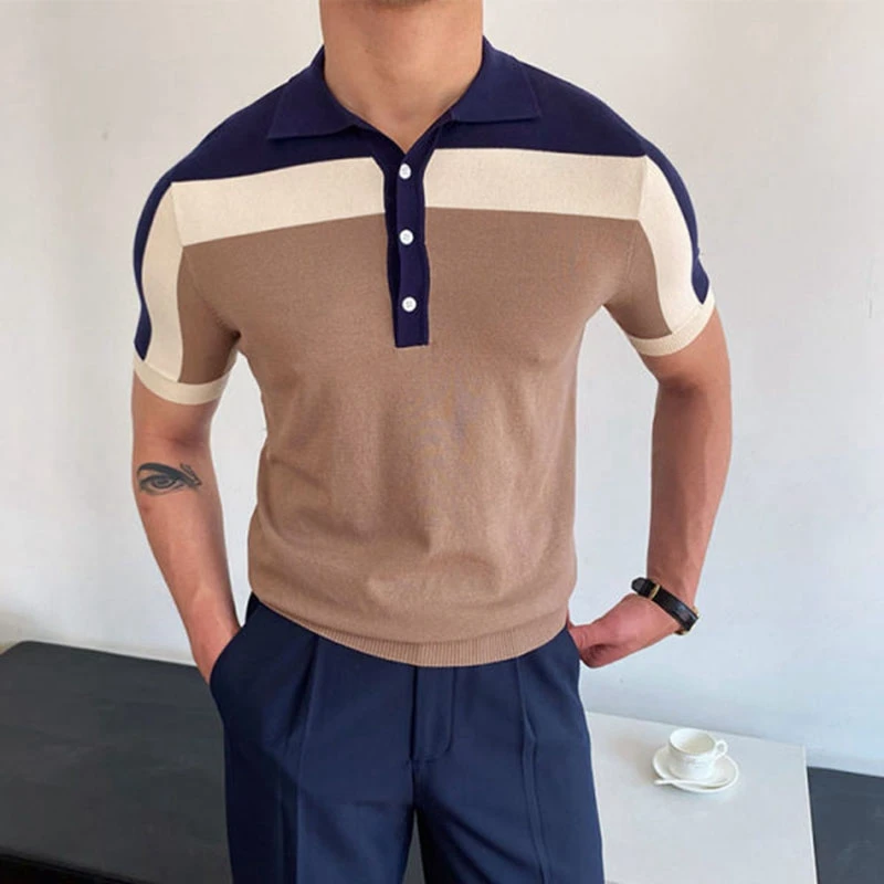 Men's Polo Shirt slim fit stripe stitching business casual shirt fashion shirts for men knitted polo shirt summer Essentials