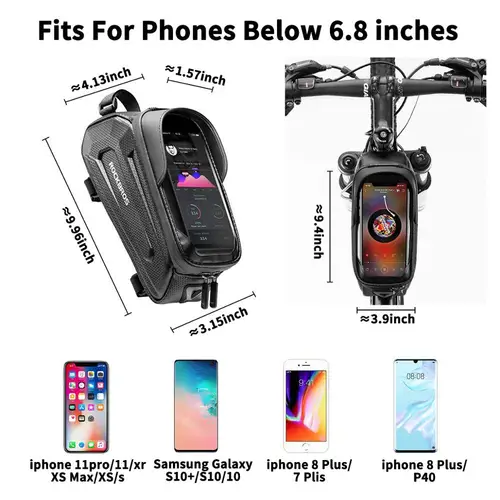 Imagen 2 del producto Bolsa de bicicleta ROCKBROS, bolsa de teléfono frontal para tubo de bicicleta, paquete de sillín de pantalla táctil impermeable para accesorios de bicicleta de 6,5 pulgadas