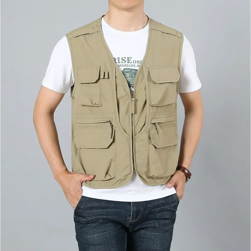 GlaMan-Veste de camping en cuir multi-poches pour hommes, vêtements de luxe, coupe-vent, gilets de pêche, grande taille, fermeture éclair de travail