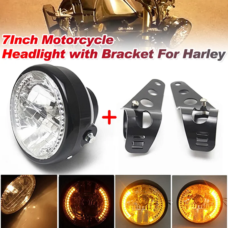7Inch H4 Halogen Motorcycle Round Headlight with 9Wires High Brightness With Good-quaility Bracket For Harley Cafe Racer