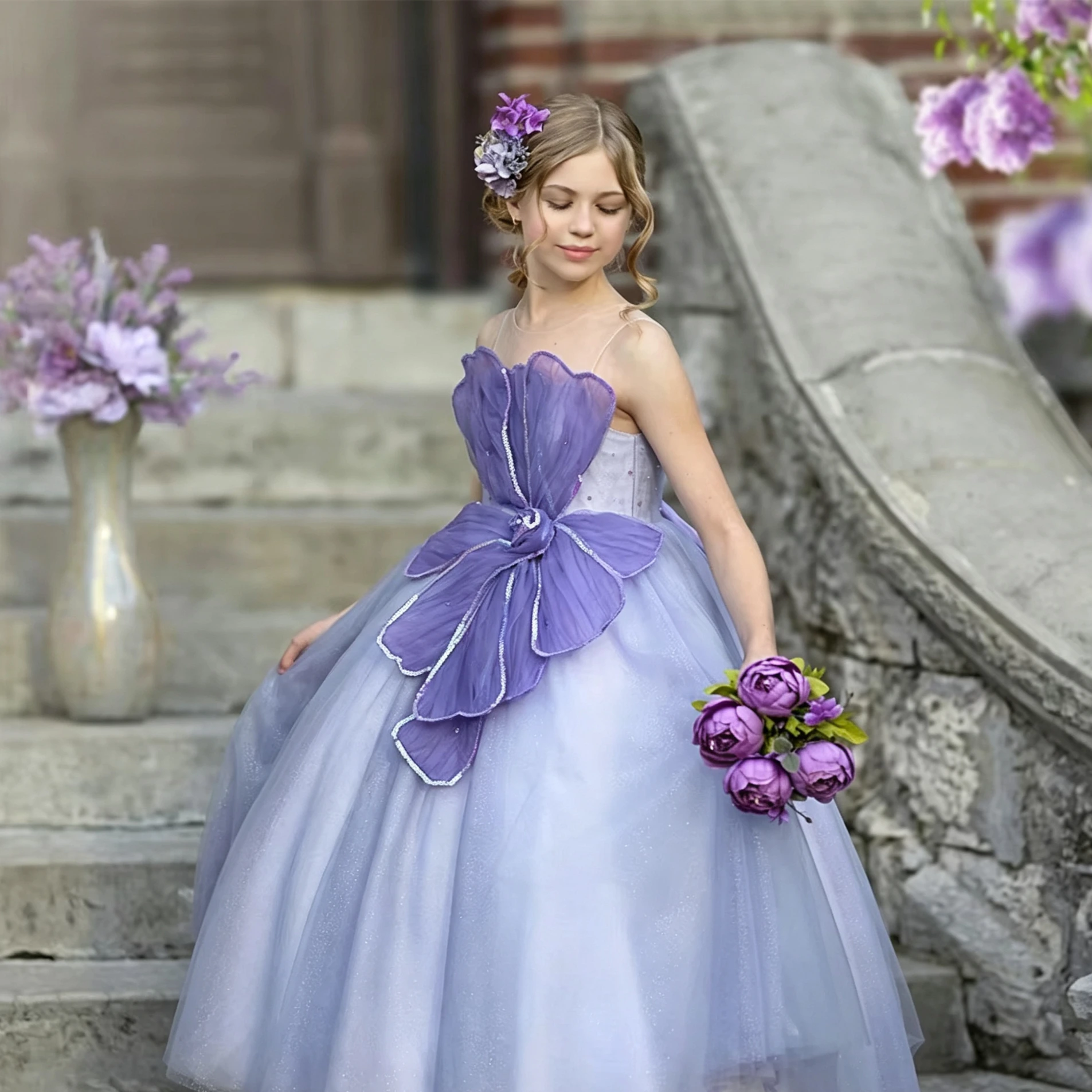 Customized Flower Girl Dress For Wedding Appliques Glitter Sleeveless Floor Length Elegant Kids Birthday First Communion Gown
