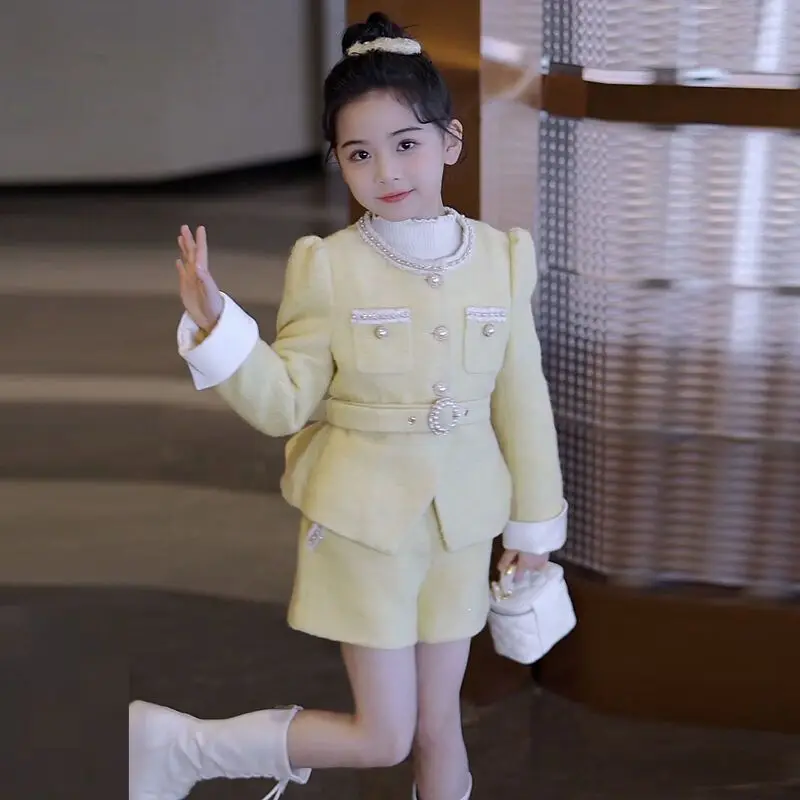 Girl Clothes Suit Princess Girls Set 2023 Winter New Medium Children Luxury Girl Dress Set Children Girl Coat and Short 2-piece