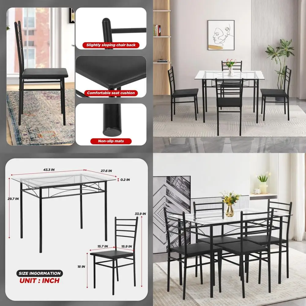 

Обеденный набор из металла и стекла, 5 предметов, с 4 стульями, идеально подходит для небольших помещений, черный