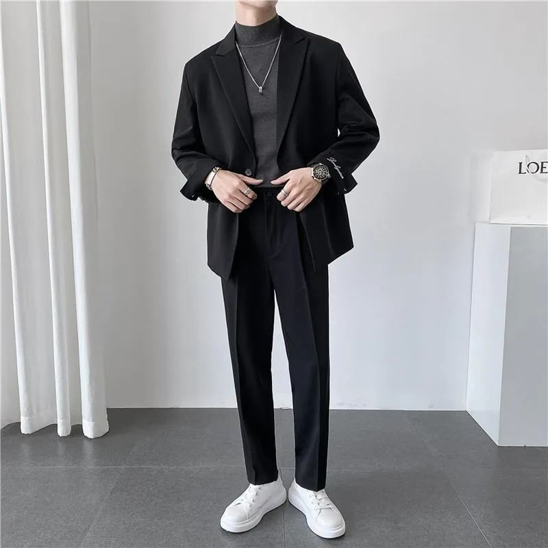 KIDWHXR Anzugjacke für Herren, koreanischer Stil, einreihig, locker geschnitten, lässiger Herren-Blazer, schlicht, einfarbig, langärmlig, vielseitige Herren-Oberbekleidung – Detail 6
