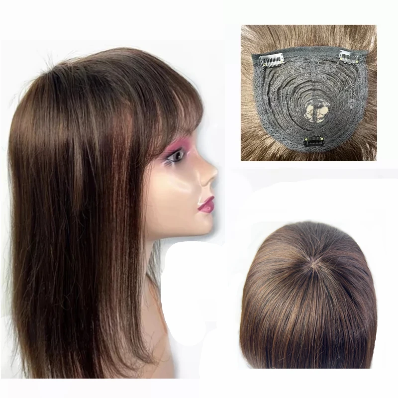 Anemone Real Human Hair Toppers For Women Thick Natural Hairpiece with Neat Bangs Fringe Hair Clip In Wiglets Extensions